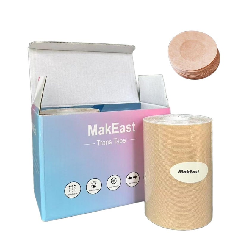MakEast 2 Rolls Trans Tape for Transitioning Extra Wide Chest Binding Tape Latex Free FTM Chest Binder with Nipple Covers Ultra Sticky Waterproof & Flexible 4 in X 16.5 ft (Beige) - Image 3